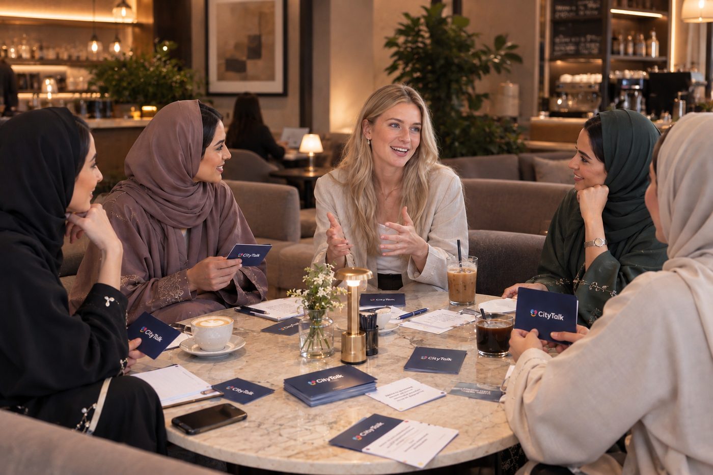 طاولة CityTalk ببطاقات المحادثة الرسمية في مقهى بالرياض