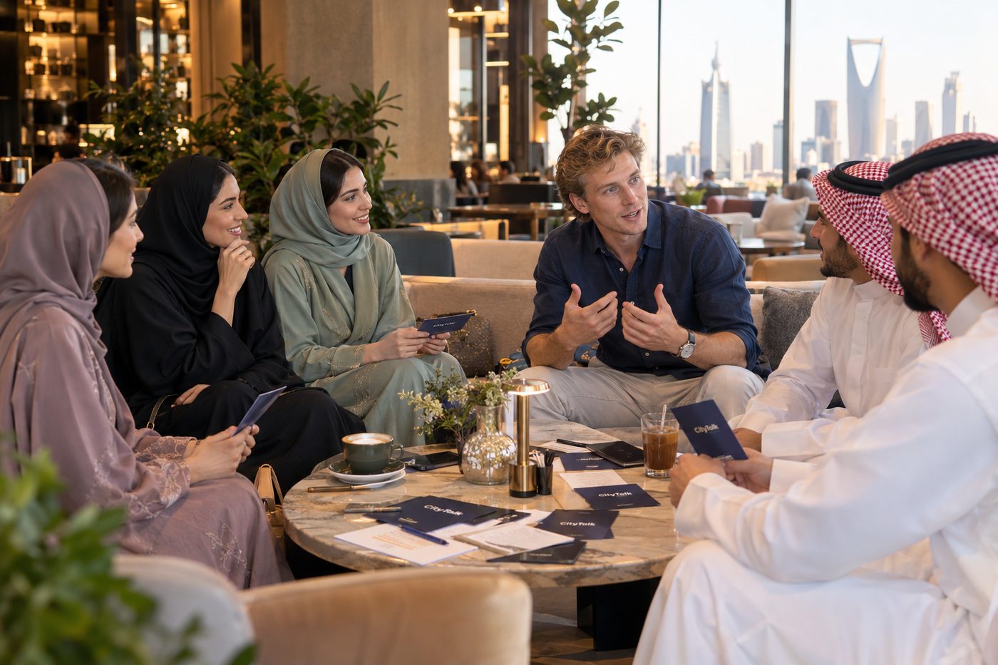 جلسة CityTalk بمضيف أجنبي وبطاقات المحادثة الرسمية في مقهى بالرياض